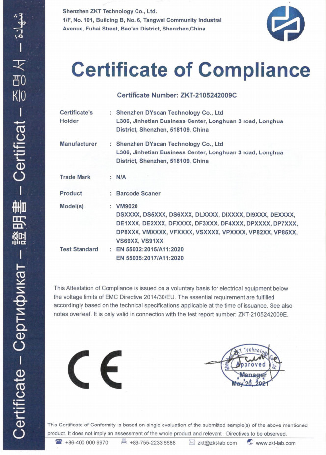 Cina Shenzhen DYscan Technology Co., Ltd Certificazioni